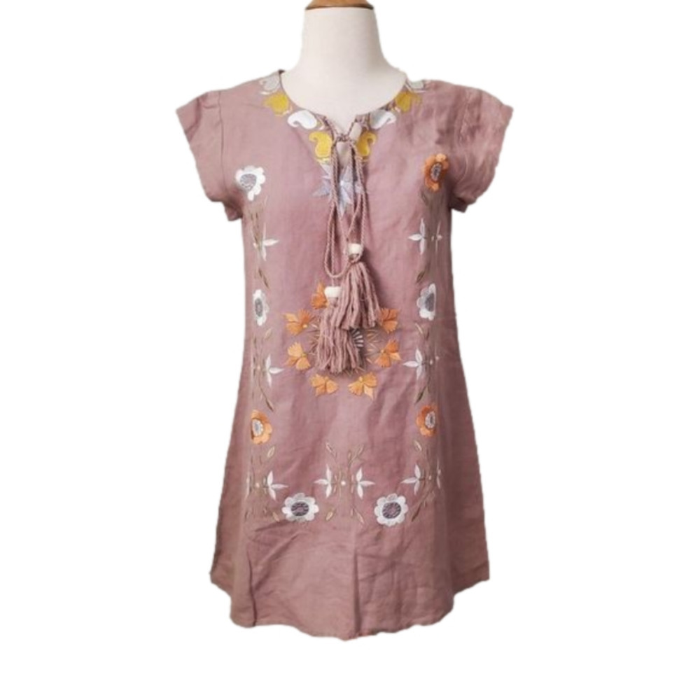 𝅺Bindu Peasant Dress Linen Floral S